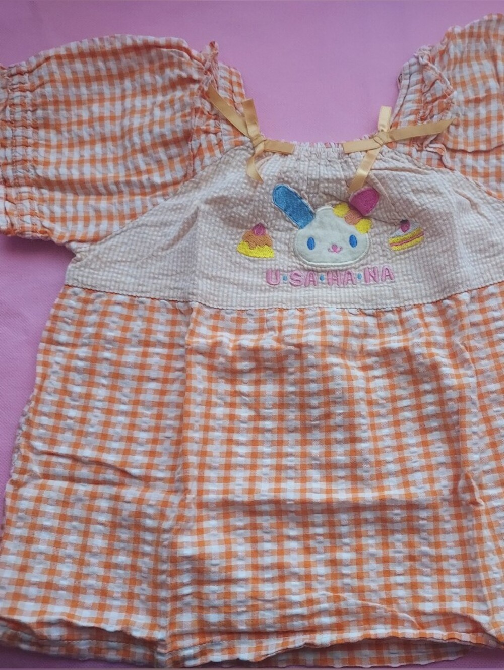 Sanrio Usahana Orange lovely Puff Sleeve Top tee blouse with Bunny Patch vtg